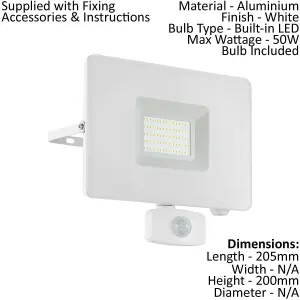 IP44 Outdoor Flood Light & PIR Sensor White Aluminium 50W Built in LED