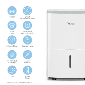 Midea Low Energy Electric Laundry Dehumidifier 16L - Removes Damp, 45m² Home Coverage, Combats Mould