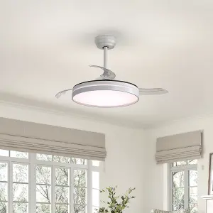 Retractable Ceiling Fan with Lights 42 Inch LED Ceiling Fan Lights with Remote Control and 6 Speed in White