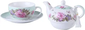 Tea for One Teapot Cup suacer Set Shaby Chic Flora Bird Rose Butterfly Porcelain Gift Box (Teal)