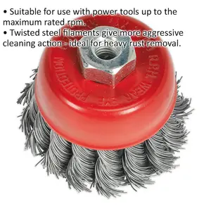 65mm Twisted Knot Wire Cup Brush for Power Tools - M10 Thread, Steel Filaments for Heavy Cleaning