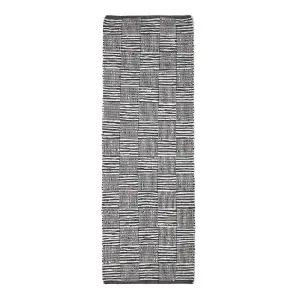 Homescapes Black & White Real Leather Handwoven Striped Block Check Rug, 66 x 200 cm