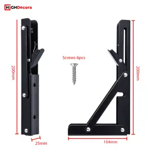 Highdecora Folding Shelf Brackets, 2 Pcs Heavy Duty Foldable Shelf Brackets Metal Wall Mounted Foldable (Black, 8 inch)