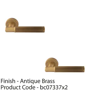 2 PACK - Premium Reeded Lines Door Handle Set - Antique Bass Designer Lever Round Rose