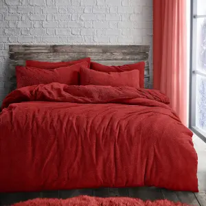 Velosso Plain Teddy Warm And Cosy Duvet Cover And Pillowcase Set - Red