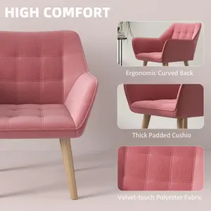 HOMCOM Velvet-Feel Accent Chair with Arms Slanted Back Wood Legs Pink