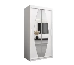 Elypse Contemporary 2 Mirrored Sliding Door Wardrobe 5 Shelves 2 Rails White (H)2000mm (W)1000mm (D)620mm