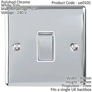 1 Gang 20A DP Single Switch CHROME & White Trim Appliance / Boiler Power