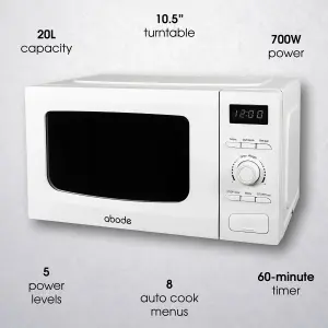 Abode Digital Microwave 700W 20L 5 Power Levels & Defrost White AMD2002-M