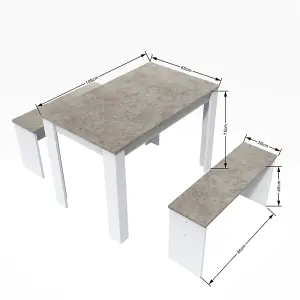 Dining Table with 2 benches Dining Table Set for Kitchen, Dining Room, Small Space Artificial Marble (Grey and White)