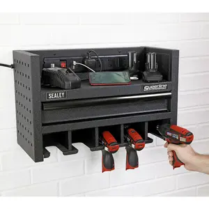 560mm Wall-Mounted Power Tool Storage Rack with Drawer and Power Strip for 5 Tools