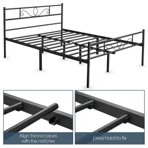 Yaheetech Black 4ft6 Double Metal Bed Frame with Scroll Design Headboard and Footboard