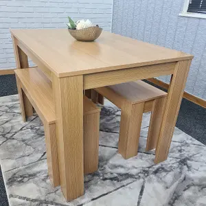 Dining Table With 2 Bench, Dining Table Room Set 4, Wooden OAK Effect Table, 2 Oak Benches Furniture Kosy Koala