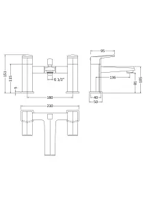 Deck Mount Square Bath Shower Mixer Tap with Kit - Chrome