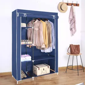 Canvas Wardrobe Organizer Clothes Rail Shelves Storage Closet Double Short - Blue