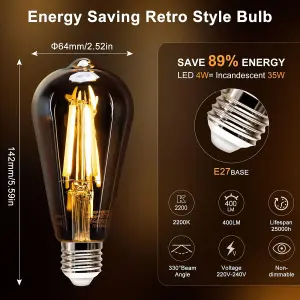 Aigostar E27 Vintage Light Bulbs, 4W LED Filament Bulb, 2200K Edison Bulb E27