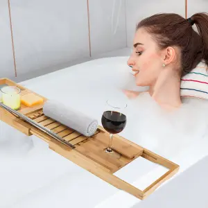 Woodluv Luxury Bamboo Extendable Bathtub Tray, Bath Bridge, Bath Caddy 70 x 22 x 4 cm