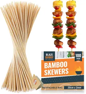 Blaze Buddy 100pk Bamboo Skewers 30cm - Wooden BBQ Skewers - Ideal as Kebab Skewers and Barbecue Skewers - Kebab Sticks