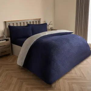 Brentfords Reversible Teddy Duvet Cover with Pillowcase, Navy Grey - Double