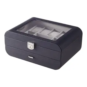 Sleek Black Faux Leather Jewelry Box with Transparent Lid