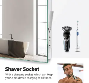 EMKE Illuminated Bluetooth Bathroom Mirror with Shaver Socket, 500x700MM Bathroom Mirror with Fuse, Demister, Clock