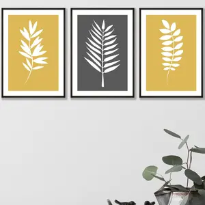 Set of 3 Yellow Grey Graphical Leaves Wall Art Prints / 30x42cm (A3) / Black Frame