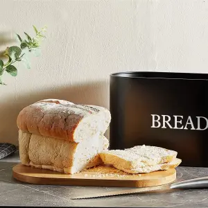 VonShef Bread Bin with Bamboo Lid for Cutting/Chopping Bread Board - Matte Black Bread storage box - Bread Holder Tin for Kitchen