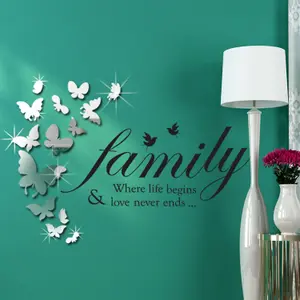 Family Quote with Butterflies Mirror Mirror Stickers Nursery Home Decoration Gift Ideas 27 pieces