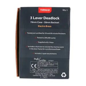 TIMCO 3 Lever Electro Brass Mortice Deadlock 78mm Case 58mm Backset