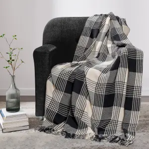 EHC Premium Reversible 100% Cotton Large 150 x 200 cm Tartan Throws for Sofa, Armchair Bedspread, Black