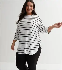 New Look Women's Plus Size White Stripe Fine Knit 3/4 Sleeve Batwing Top Curves - M