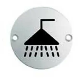 Bathroom Door Shower Symbol Sign 64mm Fixing Centres 76mm Dia Polished Steel