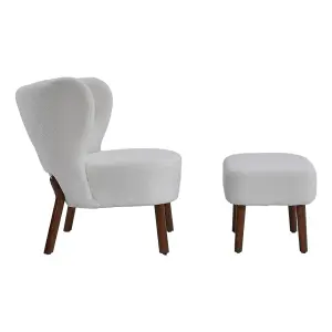 Armchair Set White Upholstered Accent Chair Armchair Recliner Chair and Footstool with Wood Legs