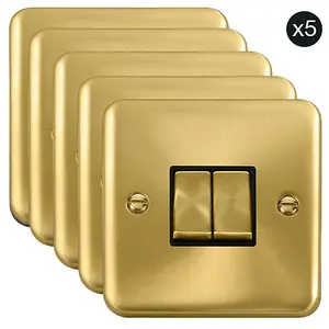 5 PACK - Curved Satin / Brushed Brass 10A 2 Gang 2 Way Ingot Light Switch - Black Trim - SE Home