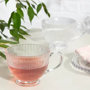 Set of 2 Embossed Footed Glass Coffee Mug Clear Tea Cups