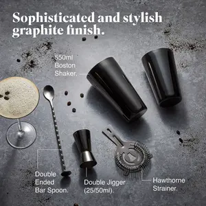 VonShef Cocktail Shaker Set Graphite, 550ml Boston Shaker, 4pc Bartender Kit for Home Bar - Strainer, Spoon, Jigger & Gift Box