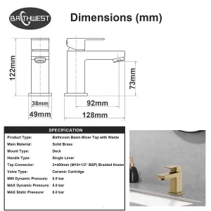 Bathroom Sink Taps, Basin Taps with Waste, Basin Tap Monobloc Brass Bathroom Sink Tap with Sink Plug 492MGO (Gold)