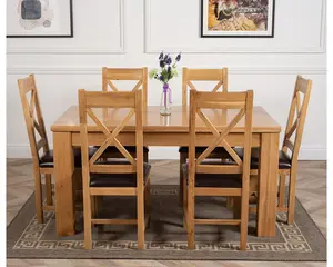 Dakota 152 x 87 cm Chunky Medium Oak Dining Table and 6 Chairs Dining Set with Berkeley Brown Leather Chairs