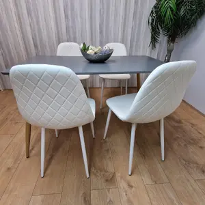 Dining Table Set of 4 Wooden Grey Table with 4 White Gem Patterend Chairs