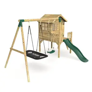 Rebo Orchard 4ft x 4ft Wooden Playhouse with Standard Swing, Boat Swing, 900mm Deck and 6ft Slide - Sage Green