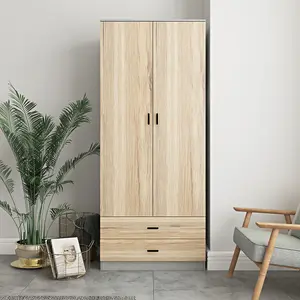 URBNLIVING 180cm Tall Wooden 2 Door Wardrobe Grey Carcass and Oak Drawers With 2 Drawers Bedroom Storage Hanging Bar Clothes