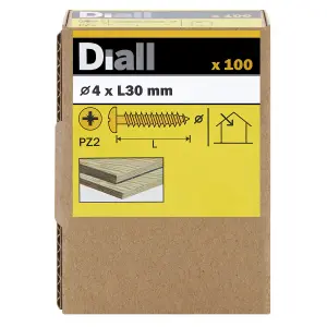 Diall PZ Pan head Yellow-passivated Steel Wood screw (Dia)4mm (L)30mm, Pack of 100