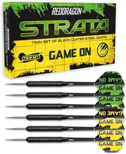 Red Dragon Strata Game On Darts Set - 20 Gram Black Steel Tip Darts With Flights And Shafts (Stems)