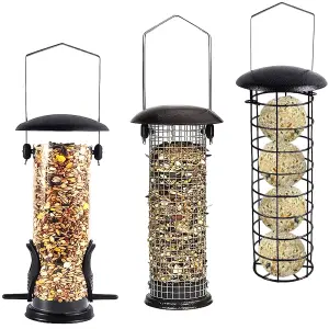 Set of 3 Metal Bird Feeders Easy Fill Hanging Nut & Seed Feeders for Wild Birds Medium