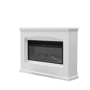 Electric Fire Suite Black Fireplace with White Surround Set 7 LED Mood Light Adjustable Stove Size 34''