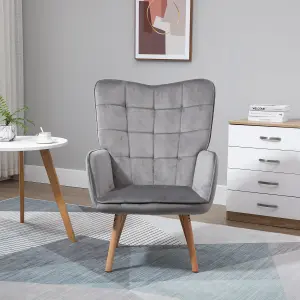 HOMCOM Accent Chair Velvet-Touch Tufted Wingback Armchair, Grey