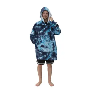 Dark Blue Oversized Tie Dye Sherpa Blanket Hoodie with Front Pocket