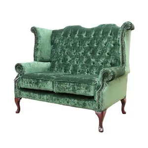 Chesterfield 2 Seater High Back Sofa Modena Forest Green Velvet Fabric In Queen Anne Style