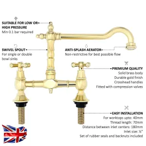 ENKI Langley Gold Traditional Bridge Crosshead Mixer Tap for Kitchen Sink