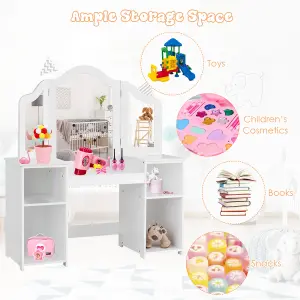 Costway 2 In 1 Kids Vanity Table Children Dressing Table Set w/ Mirror & Storage Shelves